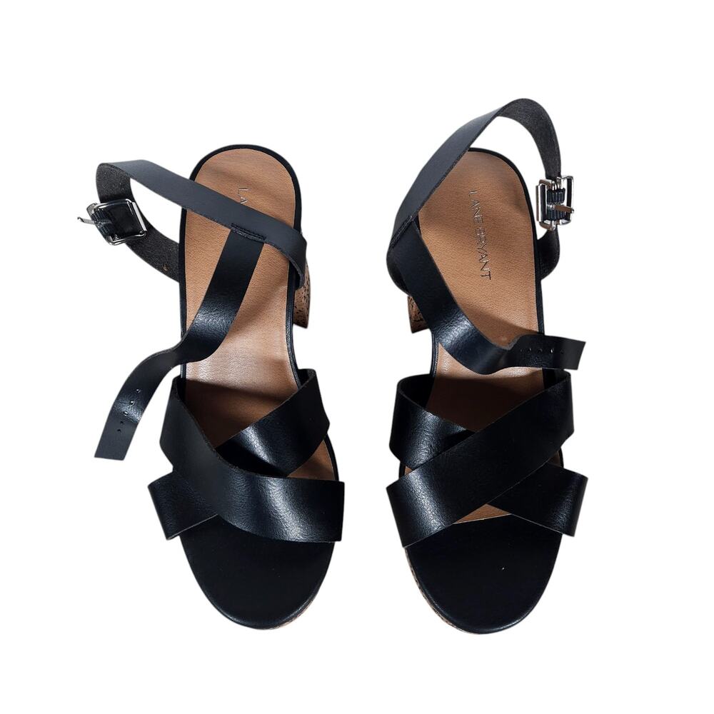 Lane Bryant Platform Sandals 10 Black Vegan Leather Cork Block Heel Strappy - Picture 6 of 10